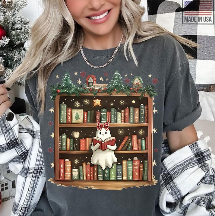 Christmas Ghost Book T-Shirt - Teacher All Booked for Christmas Sweatshirt Book Lover Library Christmas Tree Clothing Unisex