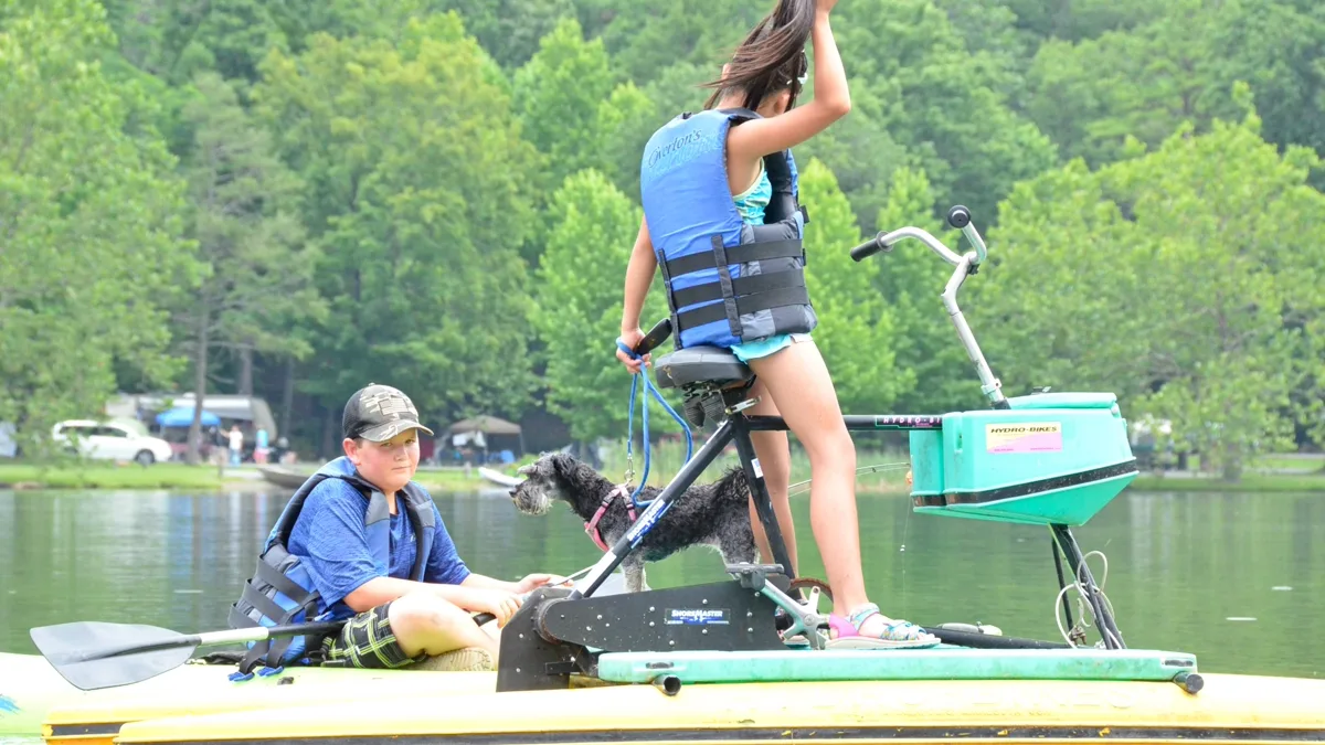 A dog on a boat deck wearing safety equipment for a lake outing