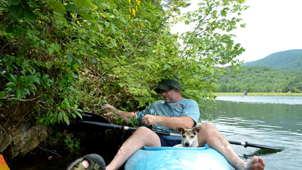 A dog resting on the forward deck of a kayak during a calm lake paddle